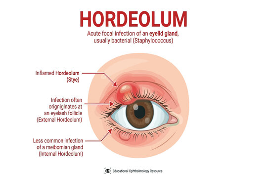 Eyelid infection showing red painful swelling and infected gland diagram.