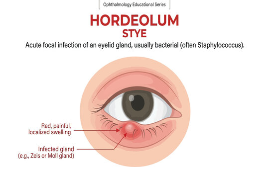 Eyelid infection showing red painful swelling and infected gland diagram.