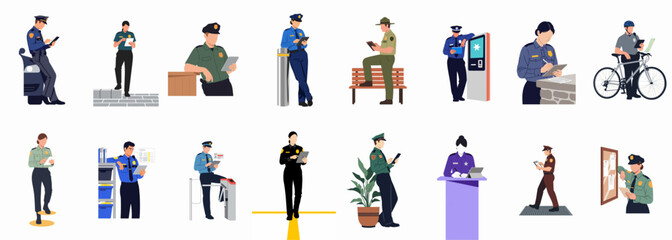 Set of police officers and security guards using digital tablets and mobile technology for law enforcement tasks in various situations. © Asep
