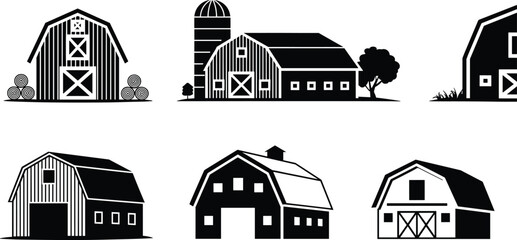 Farm Barn Silhouette Collection with Rural Buildings and Agricultural Black Vector Set © MstSakila