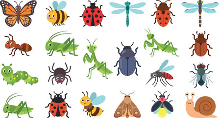 Cute Cartoon Garden Insects and Bugs Vector Icon Set with Butterfly, Bee, Ladybug, Caterpillar, Mantis, and Beetle for Kids Educational Designs © Himu 