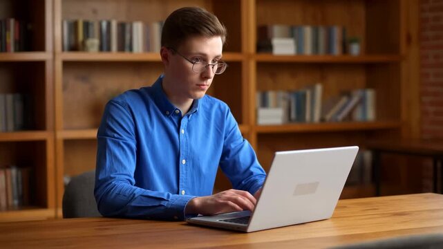 focused person typing on a laptop in a library with wooden shelves and books, education workplace setting, blue shirt, clean background, modern workspace, editorial visual, design resource.