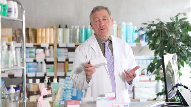 Positive senior pharmacist in white coat working behind counter at pharmacy, holding box of pills without inscription, offering to customers and checking availability of drug in stock on computer
