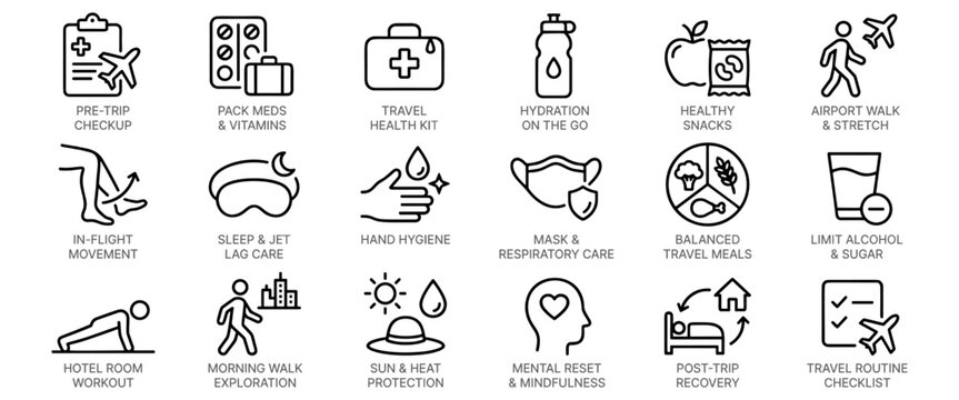 Travel wellness icon set with health kits, hydration, healthy snacks, mindfulness, jet lag care, in-flight movement, and post-trip recovery essentials
