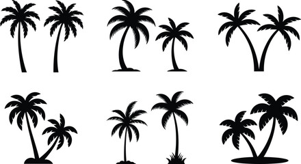 Fototapeta premium Palm Tree Black Silhouette Collection with Tropical Coconut Trees Isolated on White Background