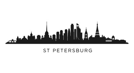 Naklejka premium Silhouette Cityscape of St. Petersburg, Russia, Isolated on White