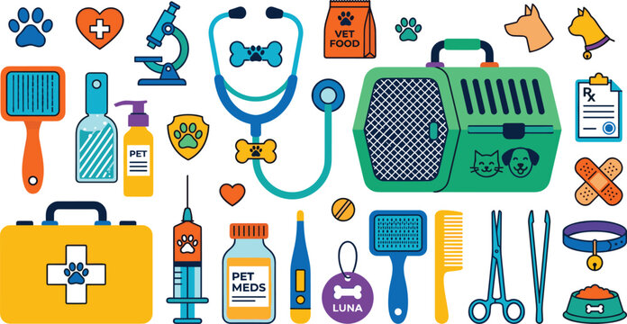 Veterinary and Pet Care Medical Equipment Vector Icon Set with Stethoscope, Carrier, First Aid Kit, Grooming Brushes, and Clinic Supplies for Animal Health Designs
