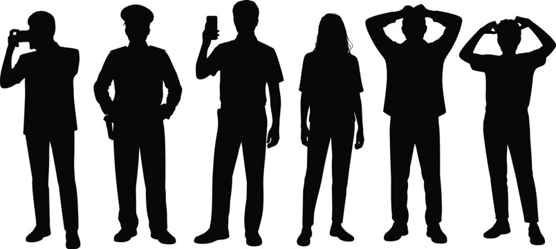 People Black Silhouette Collection with Smartphone User Police Officer and Emotional Poses