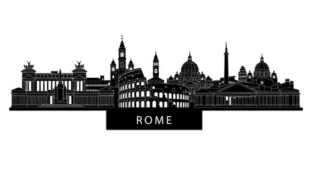Obraz premium Rome City Skyline Silhouette, Italian Landmarks, Black and White