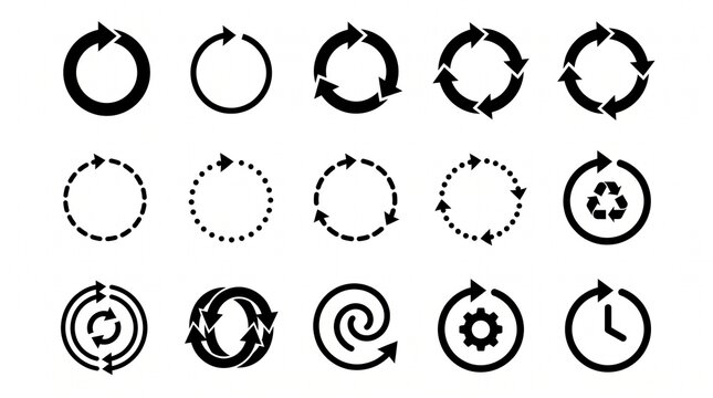 Cycle and loop arrow icons in varied circular styles, symbolizing repetition, refresh, synchronization, and continuous improvement in vector design.