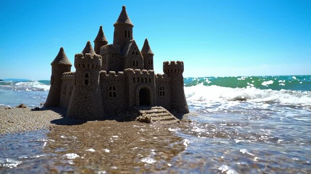 Detailed sandcastle at the water's edge on a sunny beach with gentle waves washing ashore