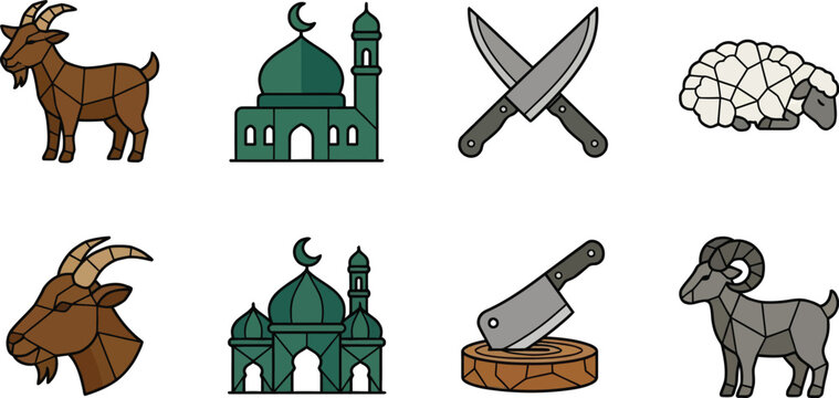 Icons for Eid al-Adha featuring sacrificial goats sheep mosques and slaughter tools in a clean vector style for religious festivities