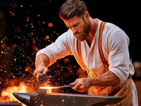 Blacksmith forging glowing steel on anvil with hammer in a fiery traditional workshop