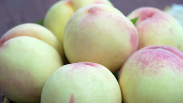 White Peaches with leaves on the wooden table, Fresh White Peach on wooden basket in wooden Background.
