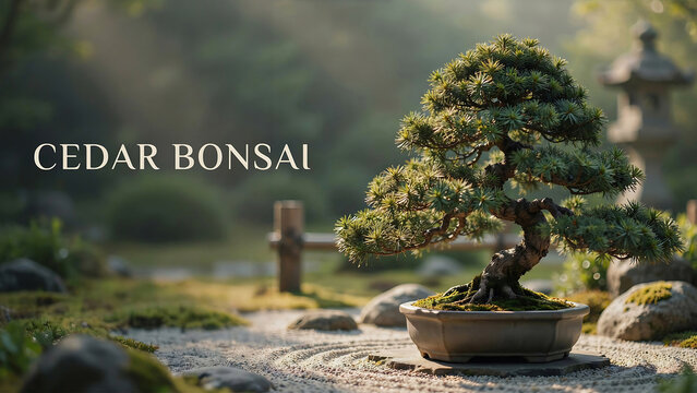 Serene cedar bonsai tree in a garden with rocks and a japanese lantern in the background  a tranquil natural setting