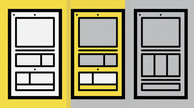 Web Design Layouts: A trio of digital wireframe mockups showcases distinct website layout variations in yellow, gray, and white color palettes.