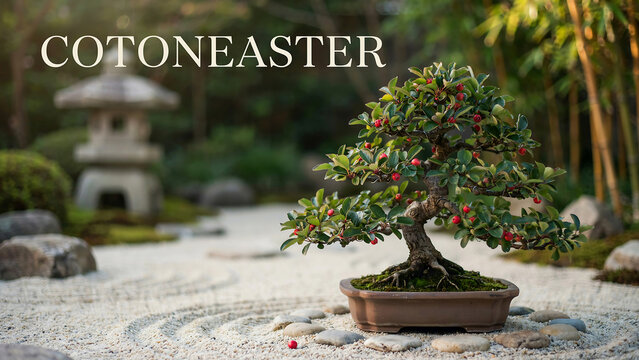 A small Cotoneaster bonsai tree in a brown pot on a stone and gravel surface in a serene Japanese garden with a stone lantern  serene natural setting