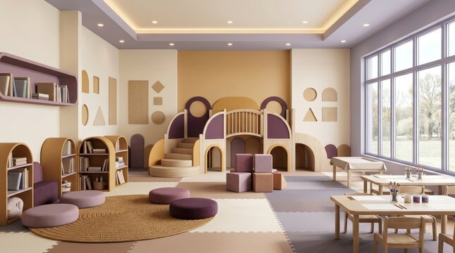 Modern children playroom with wooden structure and floor cushions