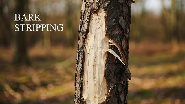 Tree trunk with stripped bark in a forest environment showing natural tree damage  forest scene with trees in background