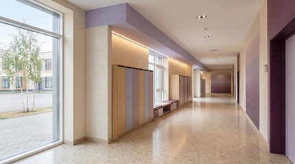 Fototapeta premium Modern educational center corridor with storage lockers and courtyard view
