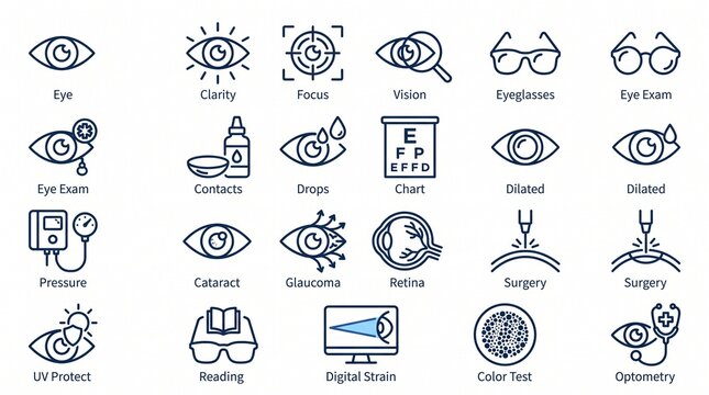 Collection of line icons representing eyes, vision, and optical care, symbolizing clarity, focus, and health in modern medical and educational graphic design.