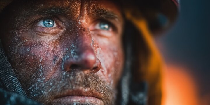 Close up Male Firefighter in Full Gear Ready for Duty, Standing in Front of a camera. Portrait of a Brave. High quality