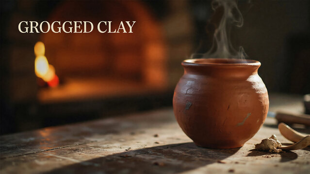 A small terracotta pot sitting on a stone surface with smoke rising from it in front of a fireplace  grogged clay pottery making process