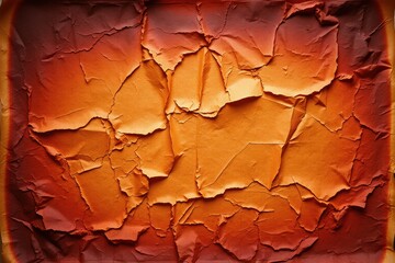 Fototapeta premium Burnt paper texture, warm tones, dramatic lighting. Crumpled surface suggests age, damage, intensity. Rich orange hues dominate composition.