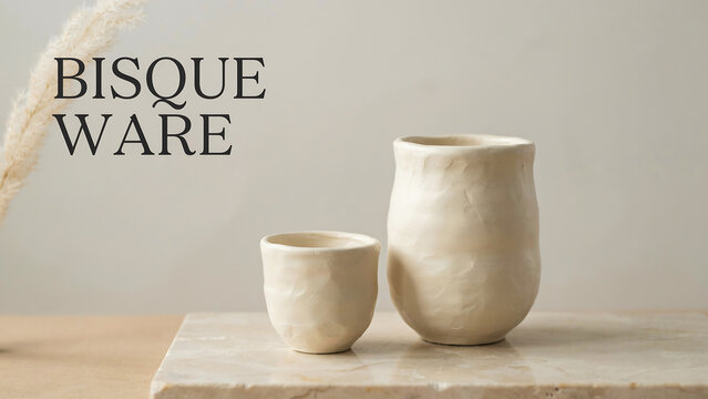 Two white ceramic bisque ware pots on a marble slab with a plant in the background on a wooden table in a room