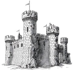 Obraz premium Medieval fortress architecture with towers and flags pencil sketch isolated on white