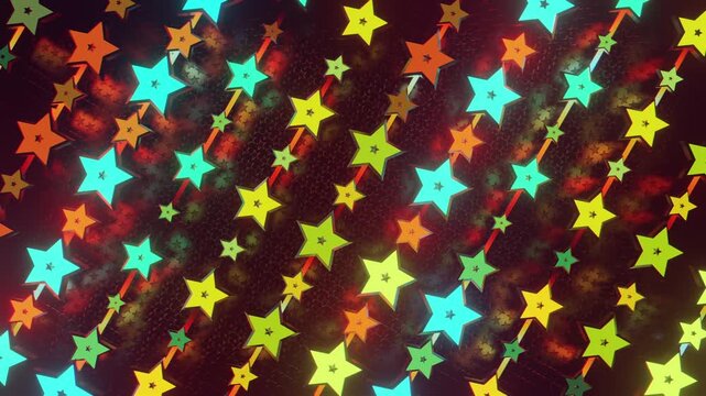 Futuristic abstract wall with glowing geometric stars. Seamless VJ loop of a rhythmic digital structure and pattern, creative motion background for electronic music festivals and stage displays.