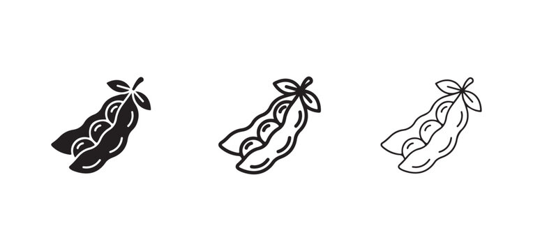 Pea pods in different line styles for illustration and design use  black filled and outlined to thin line  vector peas