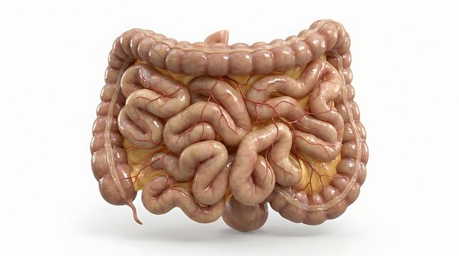 Anatomical 3d render of human small and large intestines isolated on white background