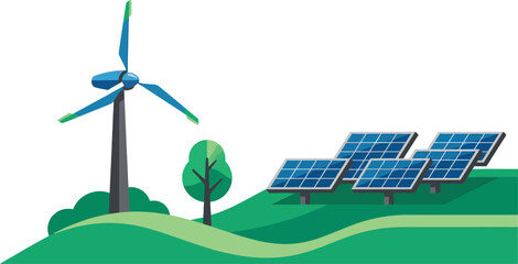 Wind turbine and solar panels in a green field representing clean renewable energy production for a sustainable future © MdMejbahul