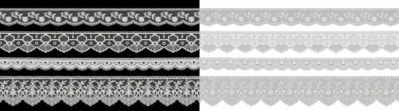 Set of four white decorative lace trim borders isolated on transparent png surface