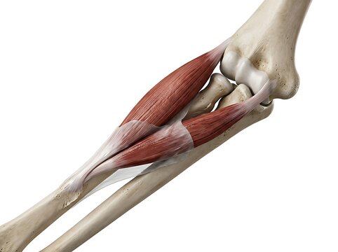 Anatomical illustration of human forearm muscles and elbow joint bones