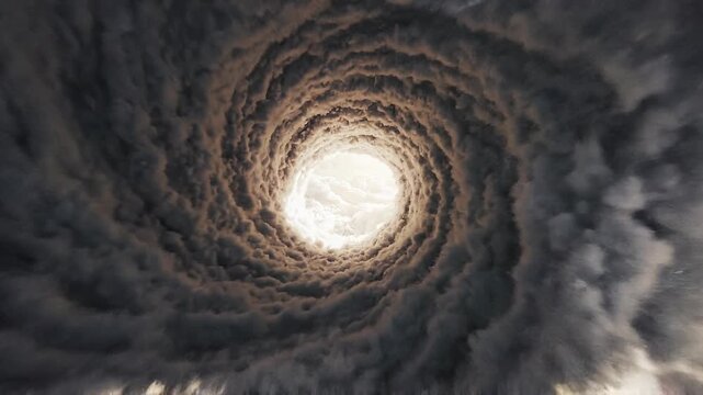 Cloud swirling vortex tunnel flight dramatic concept. Dramatic spiral cloud formation with bright light shining through the center in atmospheric sky scene