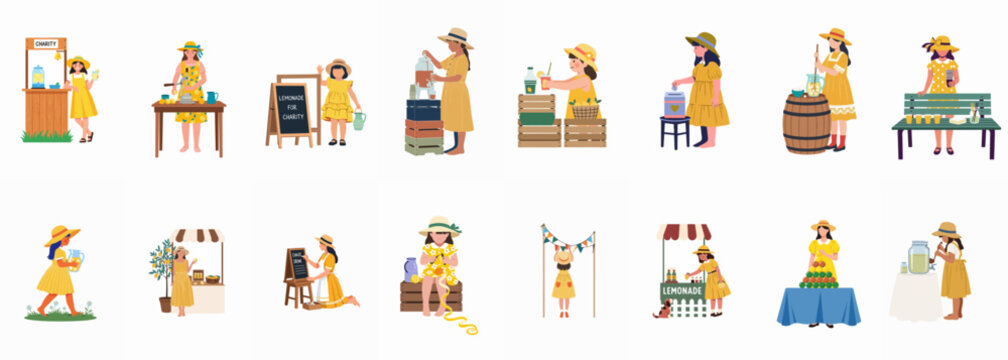 A collection of flat illustrations showing young girls in yellow dresses running lemonade stands for charity, making drinks, and collecting donations.