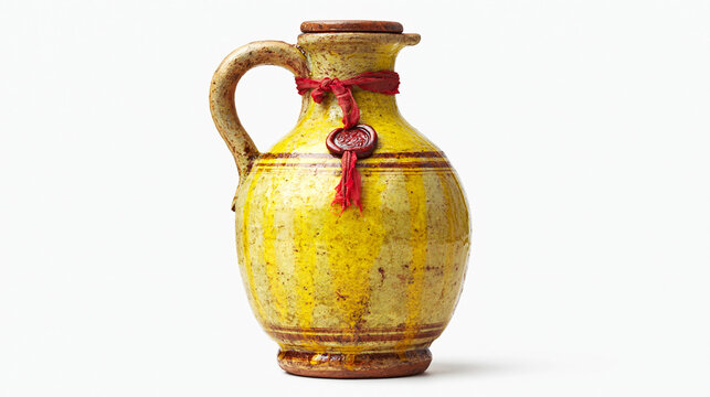 Ancient Clay Jug with Wax Seal: A vintage clay jug, adorned with a rustic red ribbon and a wax seal, stands as a testament to history and craftsmanship. The warm.