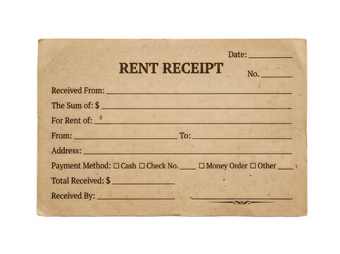 Vintage blank rent receipt form on isolated white background for business or finance use transparent background