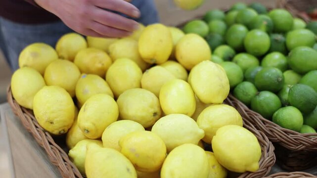  Close-up of man's hands picking fresh yellow lemons from basket on counter at grocery store