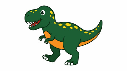 Fototapeta premium Cute Flat Vector Illustration of a Green T-Rex Dinosaur with Yellow Spots and Orange Belly, Smiling with Mouth Open Showing Teeth, Facing Left on White Background, Simple Cartoon Style