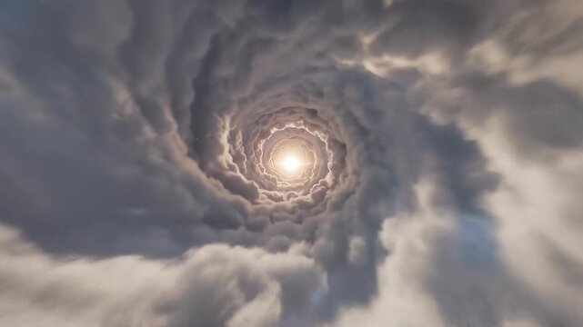Cloud swirling vortex tunnel flight dramatic concept. Dramatic spiral cloud formation with bright sun shining through swirling sky weather phenomenon
