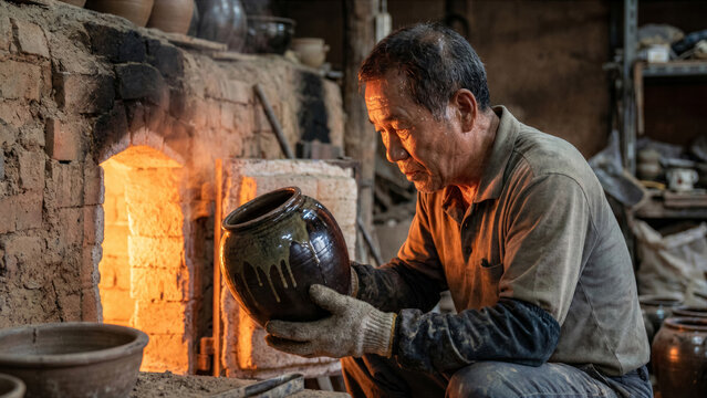 Senior Korean ceramic master inspecting fired clay pot near hot kiln dramatic orange glow