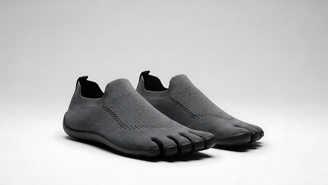 Pair of grey minimalist toe shoes for running or fitness, isolated on white background