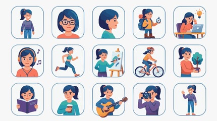 Fototapeta premium Elegant Collection of Diverse Illustrated Characters Engaged in Creative Intellectual and Active Lifestyle Activities