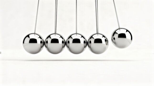 Five shiny metal balls suspended by strings in a Newton's cradle demonstrating momentum and energy transfer.