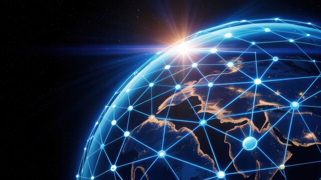 A stunning visual representation of a connected globe with a network of lines and nodes on a dark background with a bright sun shining