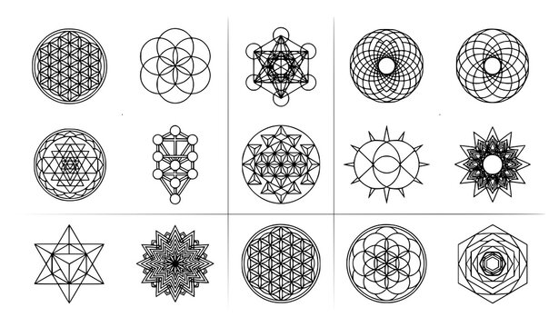 Sacred geometry symbol set with symmetrical spiritual shapes in thin line vector style isolated on white background
