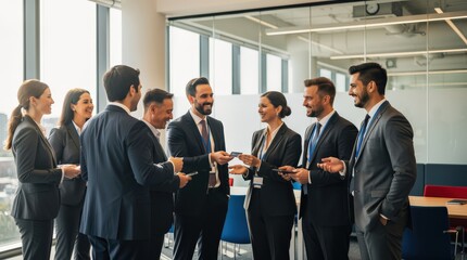 Obraz premium A group of professionally dressed businesspeople exchanging business cards and networking in a modern office setting.
